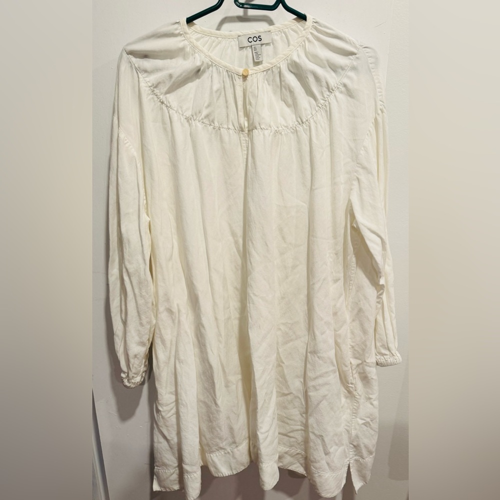 COS Oversized Gathered Mini Dress Tunic white linen tencel mod boho street L - Picture 3 of 8